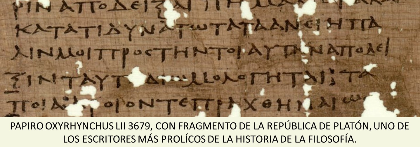 PAPIRO OXYRHYNCHUS LII 3679, CON FRAGMENTO DE LA REPÚBLICA DE PLATÓN, UNO DE LOS ESCRITORES MÁS PROLÍCOS DE LA HISTORIA DE LA FILOSOFÍA.