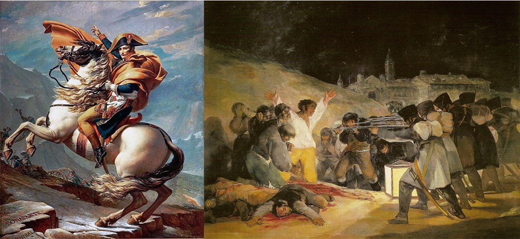 Napoleón cruzando los Alpes
de Jacques-Louis David y los fusilamientos del 1 de Mayo de Goya