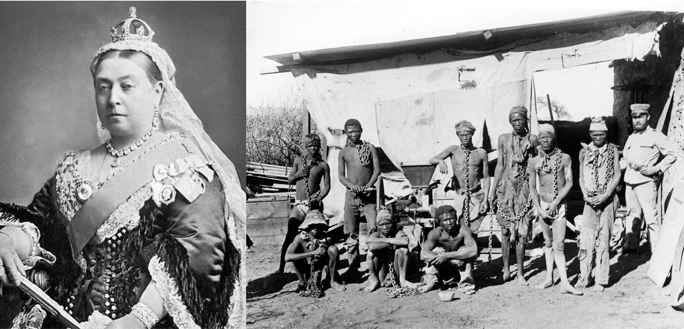La reina Victoria de inglaterra y Un grupo de hereros y namas en Namibia, custodiados por un soldado alemán a principios del siglo XX