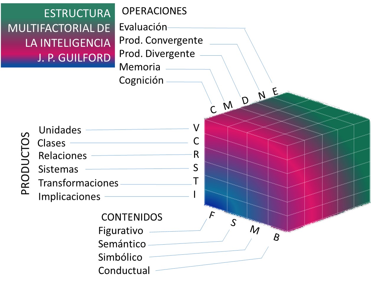 GUILFORD (1.967) es la más complicada pues presenta la inteligencia según un modelo con tres dimensiones